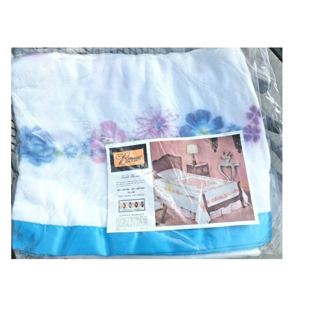 Vintage BEACON Blanket 1960's Pink & Blue Floral Flowers Shabby Retro  72 x 90